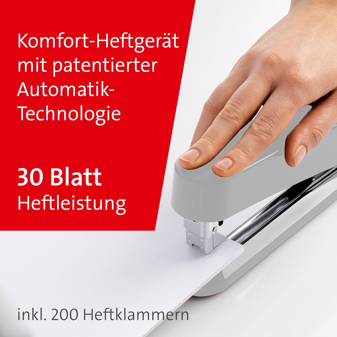 Novus B 7A Komfort Heftgerät (30 Blatt Heftleistung, Automatik-Funktion, inkl. 200 Klammern) grau gl