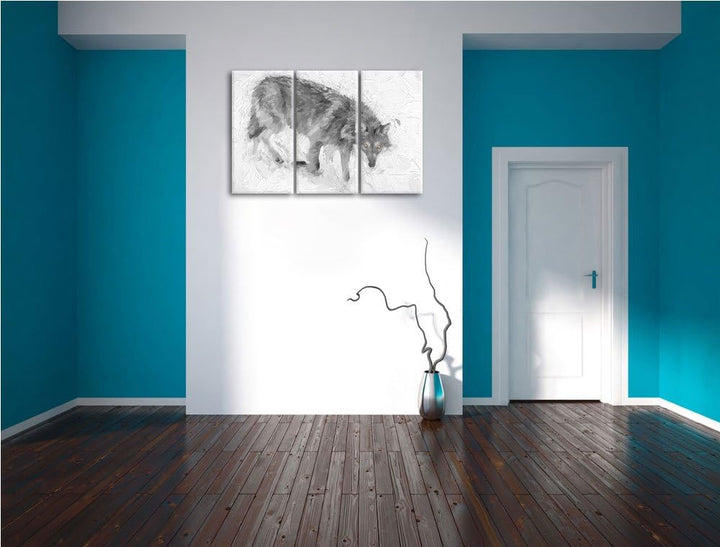 seltener Wolf im Schnee schwarz/weiss Deluxe 3-Teiler Leinwandbild 120x80 Bild auf Leinwand, XXL rie