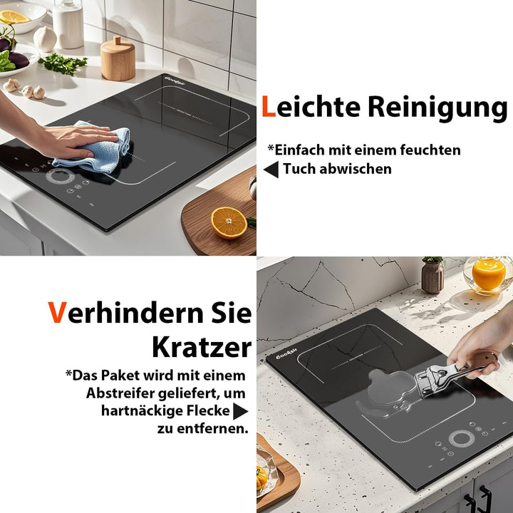 Induktionskochfeld 2 Platten mit Stecker, Herdplatte 2 Kochfelder Autark 30CM Einbau, Kombinierte Fl