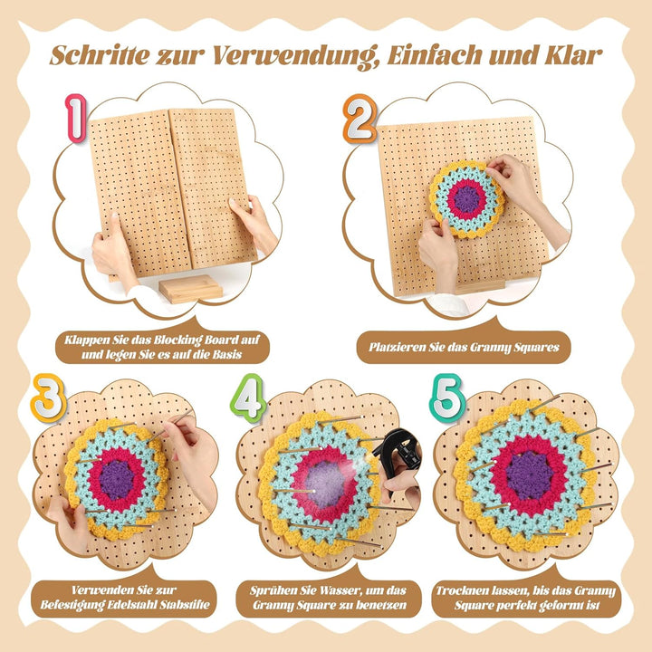 Coopay Granny Square Spanner Gross, 33 x 33 cm Blocking Board Häkeln Gross mit 30 Edelstahl Stabstif