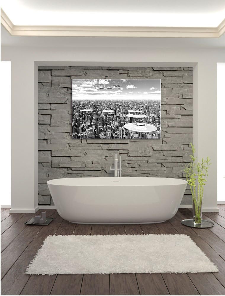 Pixxprint UFO´s über der Stadt Kunst B&amp;W als Leinwandbild | Grösse: 100x70 cm | Wandbild | Kunstdruc