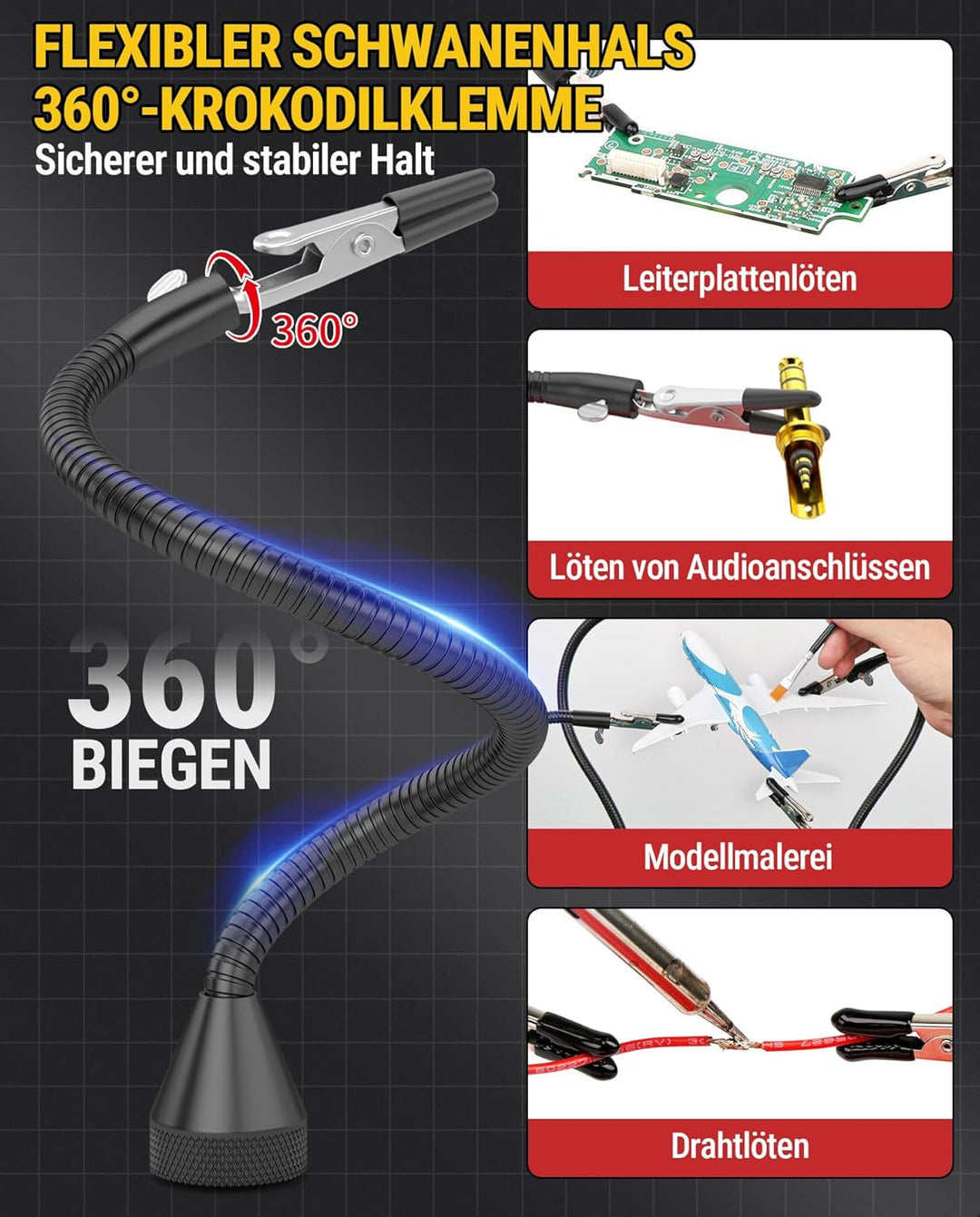 Magnetische Löthilfe Third Hand Löten mit 4 flexiblen Schwanenhals Armen und Krokodilklemmen, Löthil