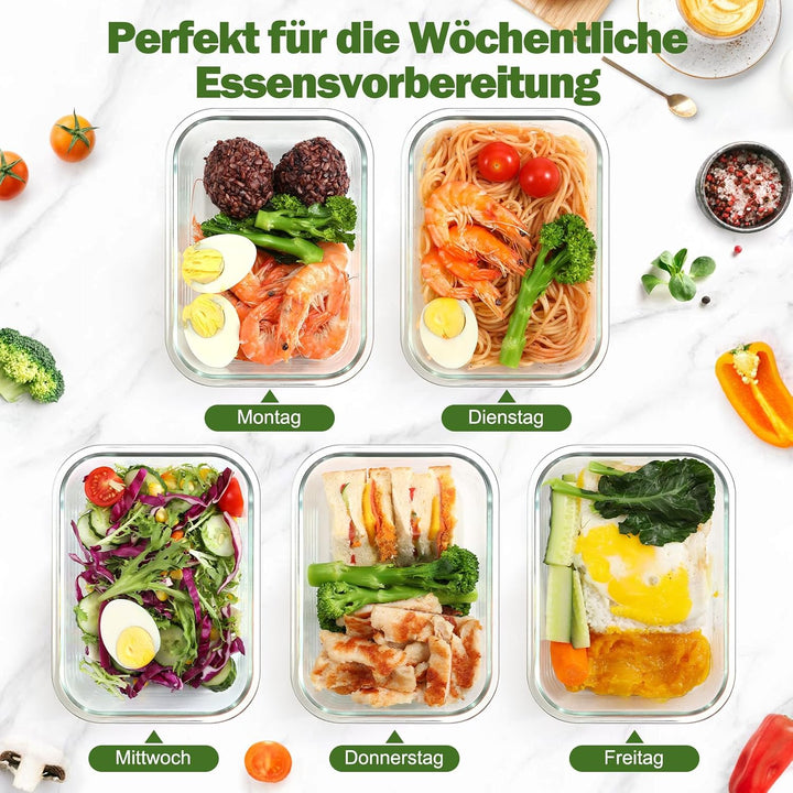 YASHE Glasbehälter mit Deckel, 10 Teile Stapelbar & Luftdicht Meal Prep Boxen Glas für Spülmaschine,
