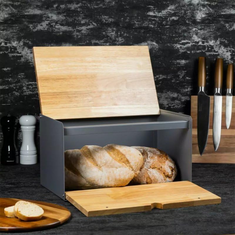Klausberg Brotkasten Brotbox aus Metall/Holz 35,5 x 21,5 x 19,5 cm Grau, Grau