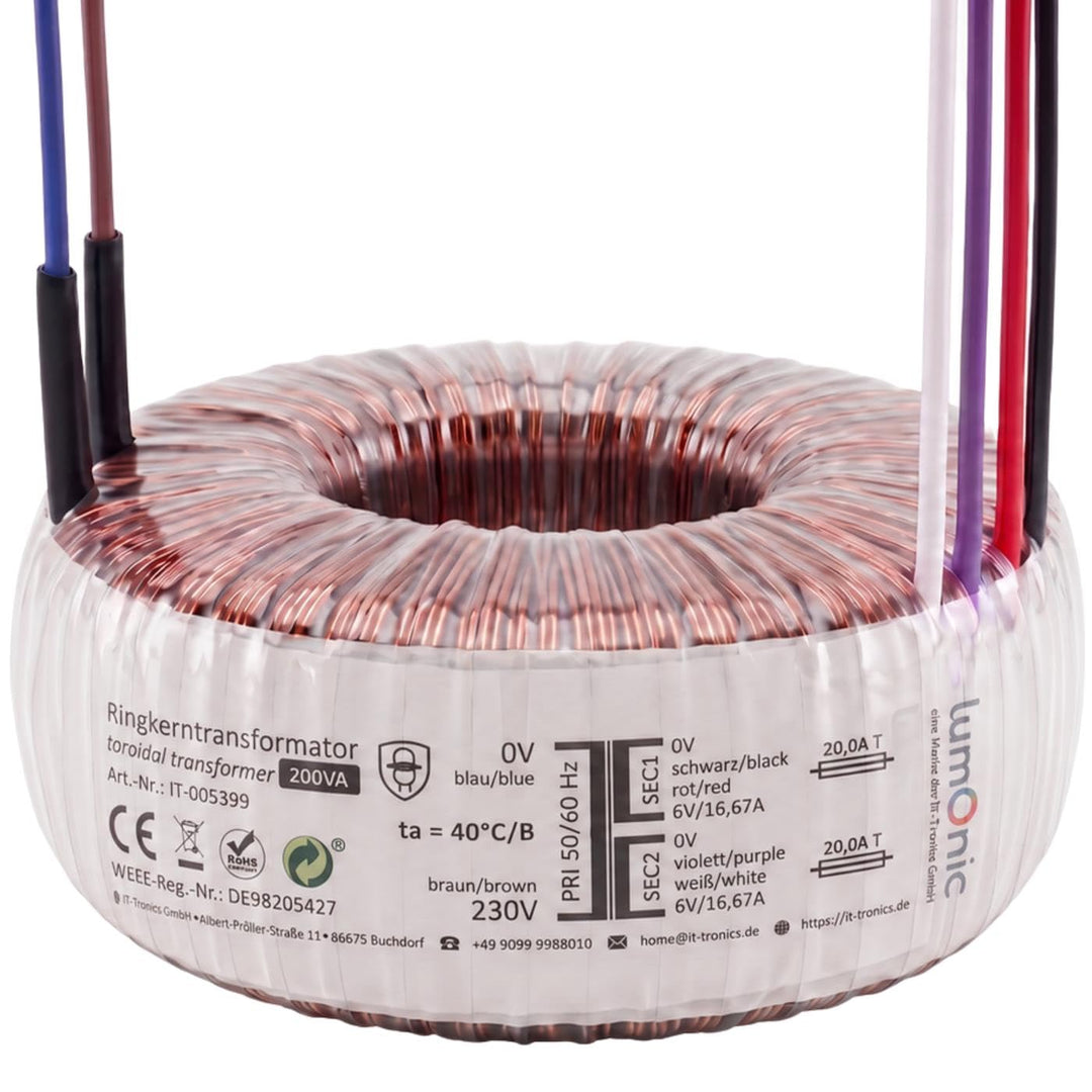 Sedlbauer Ringkerntrafo Transformator 200VA 2x6V für Audio, Industrie, Halogen und Schienensysteme -
