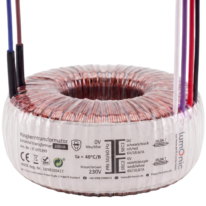 Sedlbauer Ringkerntrafo Transformator 200VA 2x6V für Audio, Industrie, Halogen und Schienensysteme -