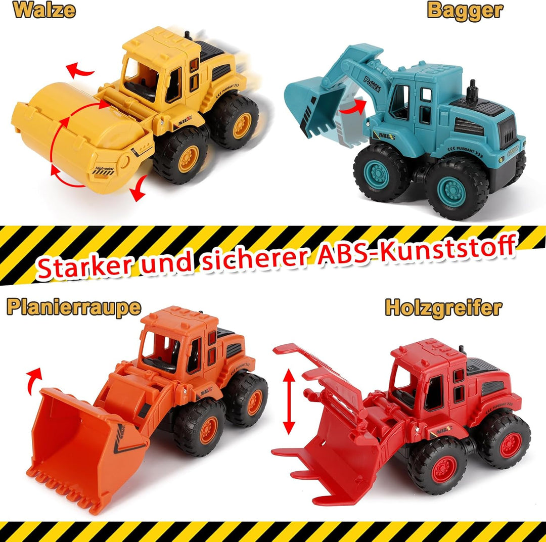 4 Stück Bagger Spielzeug, Push and Go Baufahrzeuge Spielzeug, Minibagger Spielzeugauto Auto Spielzeu