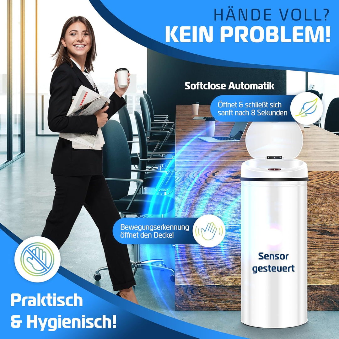 KESSER Sensor Mülleimer ✓ Automatik ✓ Abfalleimer ✓ Abfall | Edelstahl | Farbe: WEIss | Grösse: 56 L