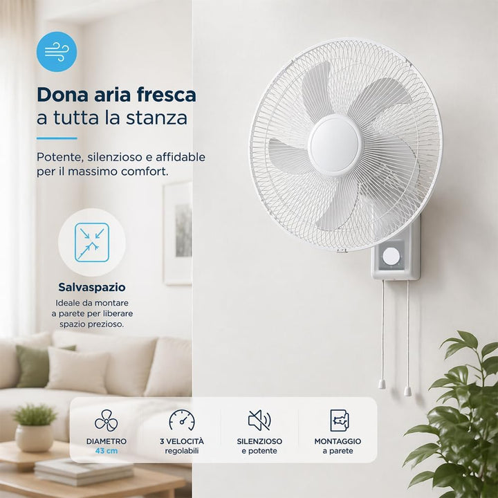 BAKAJI Wandventilator mit Gitter 43 cm, 5 Flügel, 3 wählbare Geschwindigkeitsstufen, 65 Watt Leistun