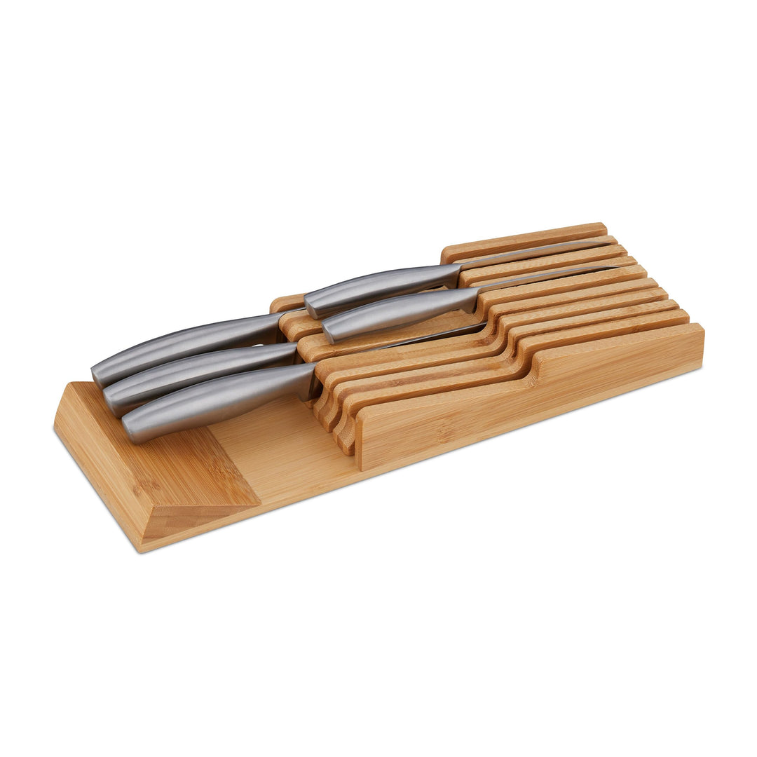 Relaxdays Messerhalter Schublade, für 9 Messer &amp; Wetzstahl, Bambus Messerblock liegend, HxBxT: 5,5 x