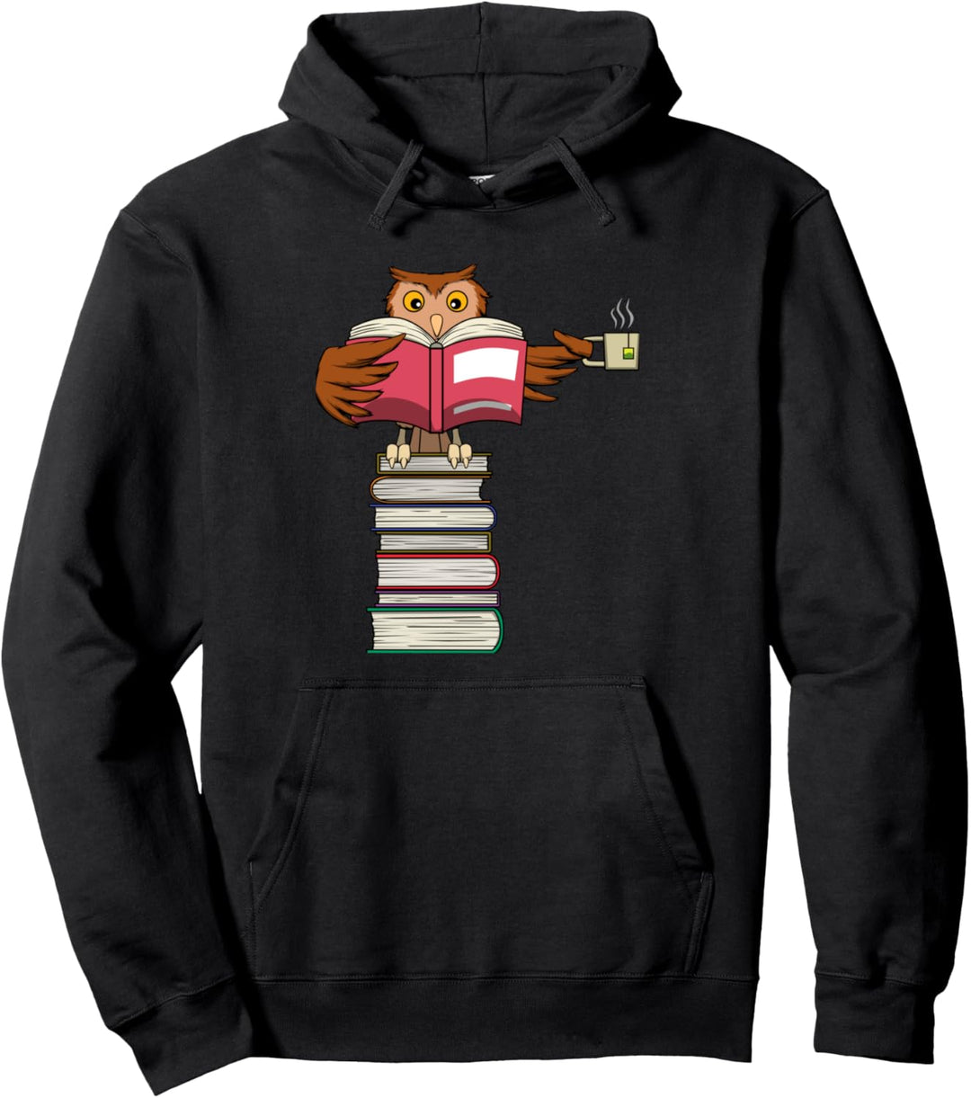 Lustige Eule, die Bücher liest und Tee trinkt Pullover Hoodie
