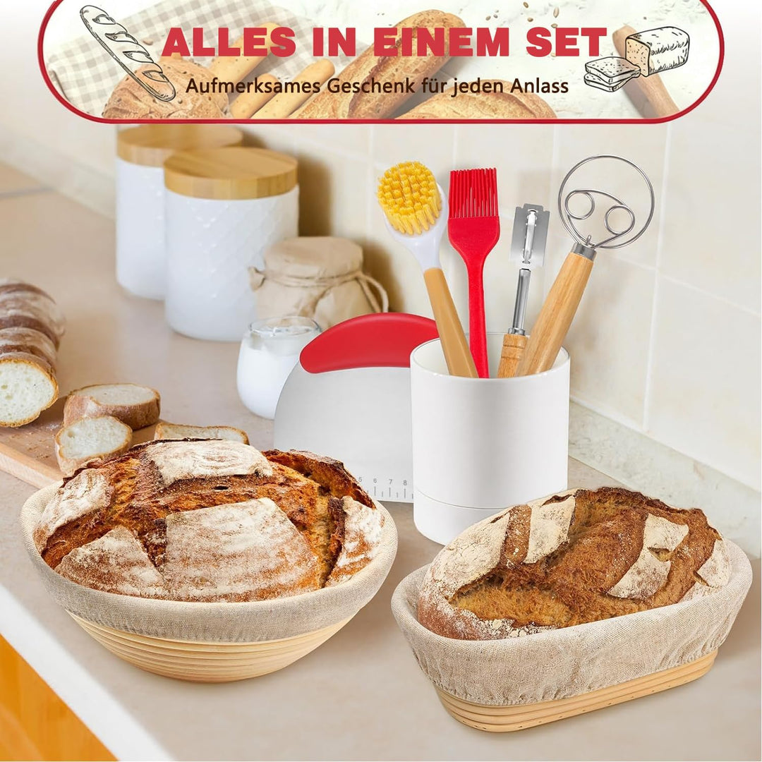 Sauerteig Starter Set, Gärkorb Brot Set mit 2 Gärkörbchen (23cm Runde &amp; 25cm Ovale), Rattan, 1000ml