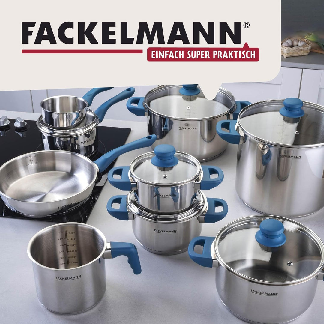 FACKELMANN Kochtopf Essential Ø 14 cm aus Edelstahl, dunkelblaue Bakelit-Griffe, energiesparender Ka