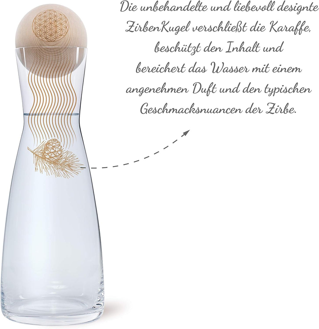 ORIGINAL ZirbenKugel Set „Blume des Lebens“ • 1 Liter Glaskaraffe Spiegelau mit natürlich duftender