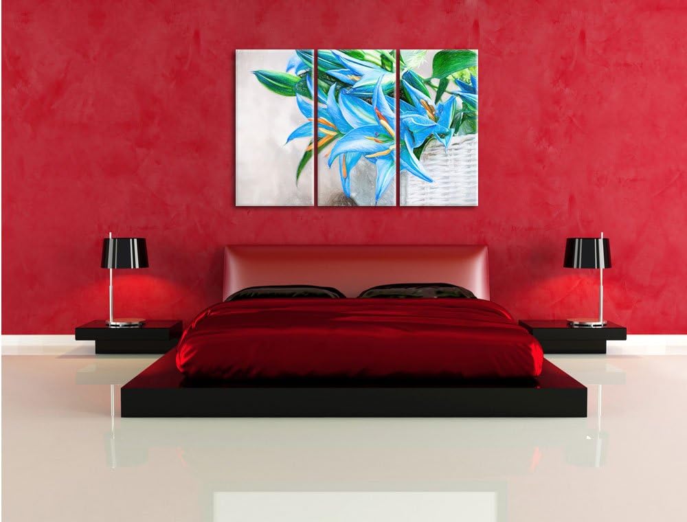 Pixxprint schöne Blaue Blumen im Körbchen als Leinwandbild/Grösse: 3 Teilig (120x80 cm) cm/Wandbild/