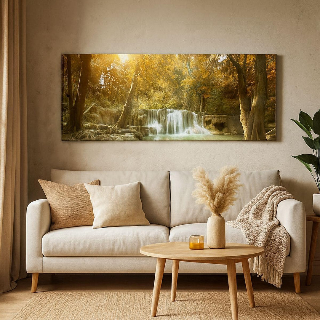 Panorama Bilder auf Leinwand 100x40cm Leinwandbild Park Wasserfall Wasser Gross Wanddeko Bild Schlaf