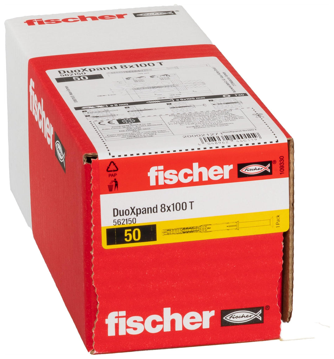 fischer DuoXpand 8 x 100 T, hochwertiger Universaldübel mit verzinkter Senkkopfschraube (50 Stk.), D