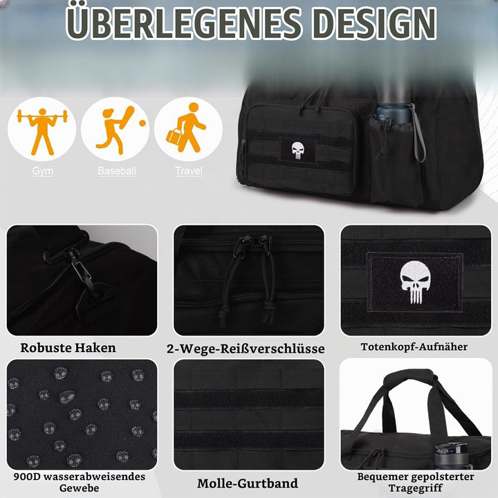 Taktische Sporttasche für Herren, 60L grosse Reisetasche mit Schuhfach, Sporttasche mit Nassfach, Mu
