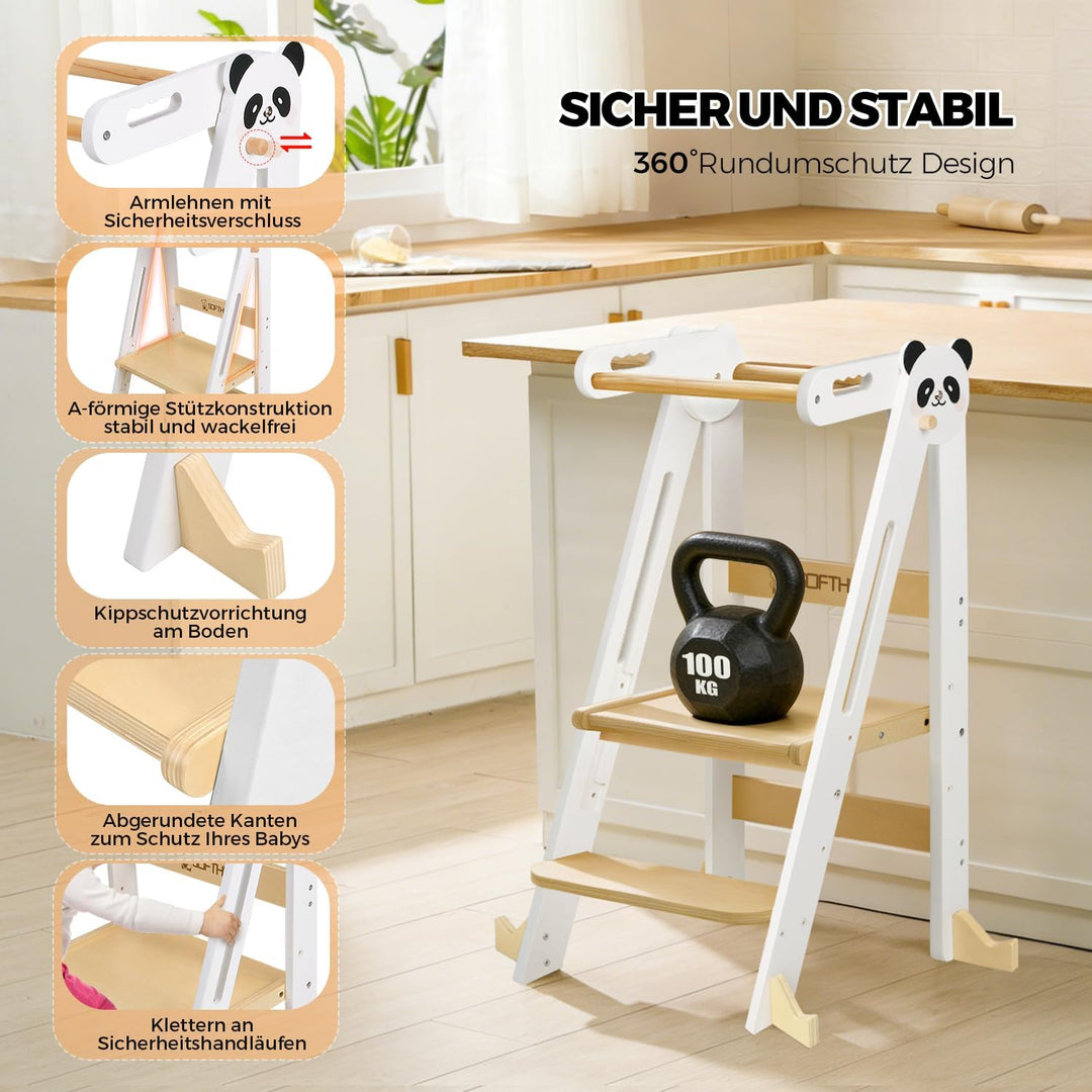 Lernturm Klappbar, Montessori Learning Tower für Kinder, 3-Fach Höhenverstellbar, Platzsparend, Sich