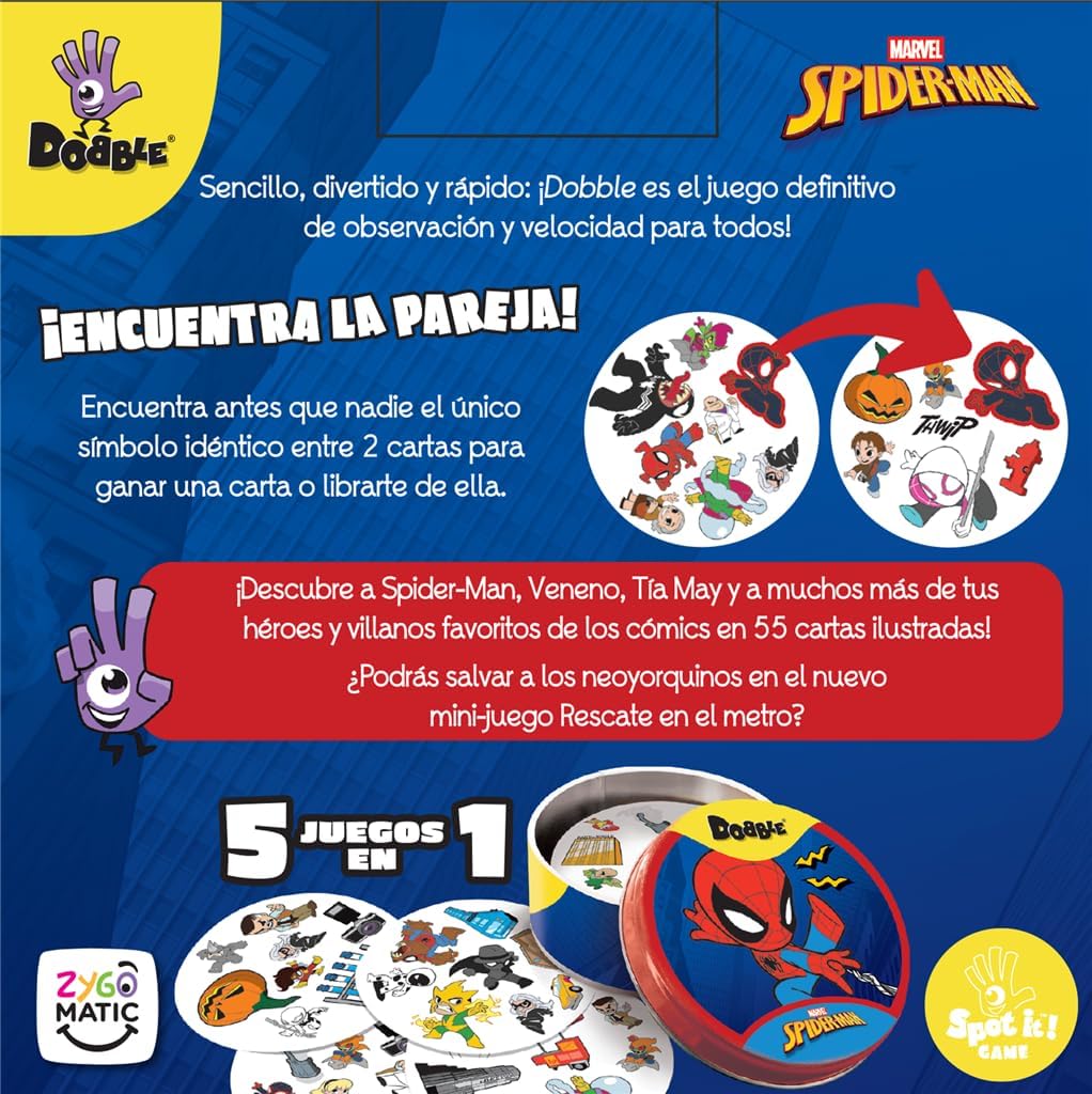 Asmodee Dobble Spiderman, Beobachtungs- und Geschwindigkeitskartenspiel für Kinder und Erwachsene, B