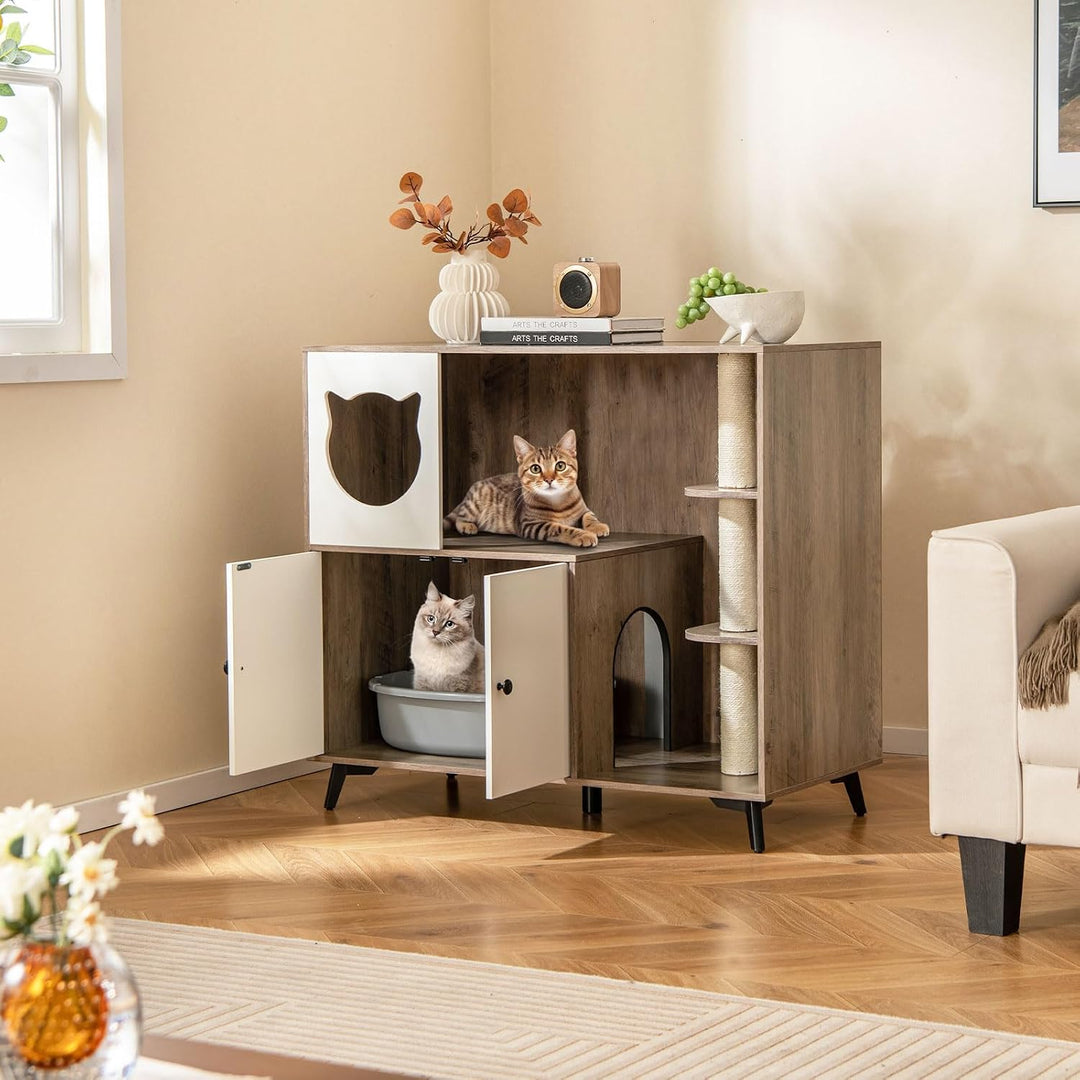 COSTWAY Katzenklo Schrank mit Kratzbaum, Katzenschrank für Katzentoilette mit Katzenhaus, Eingang, 2