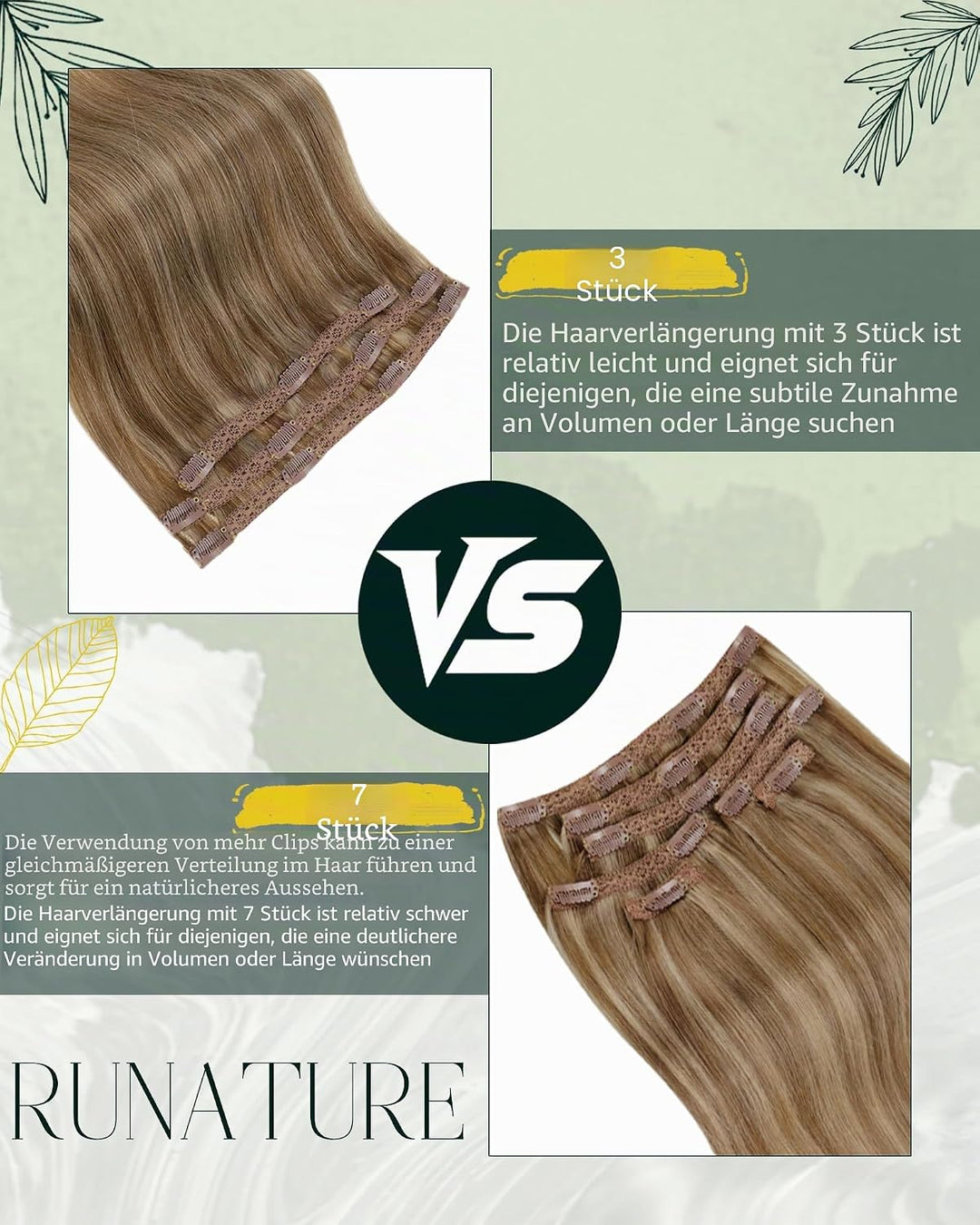 RUNATURE Clip in Extensions Echthaar Braun Highlight Blond Echthaar Extensions Clip in 30cm Kurz Ech