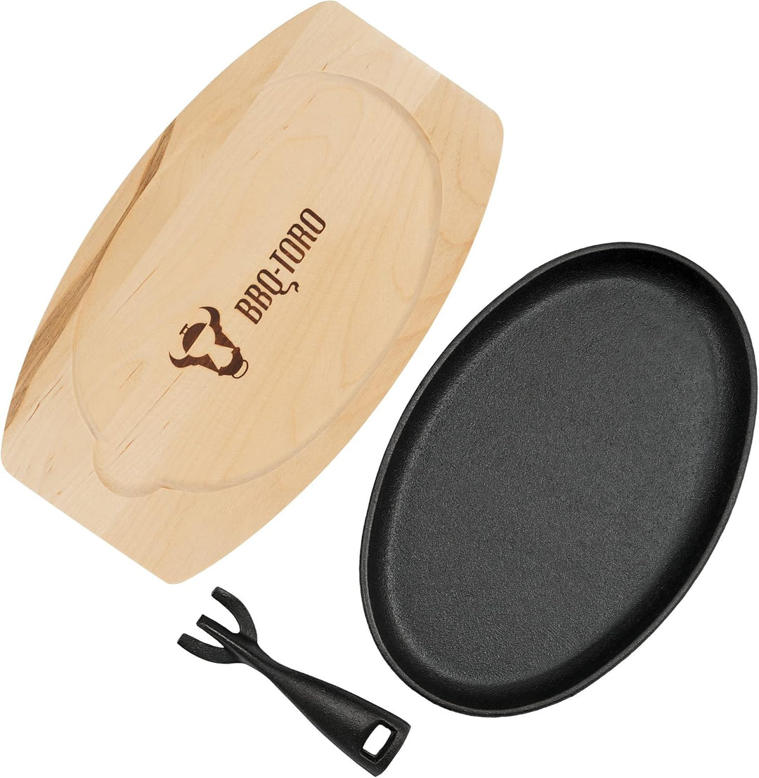 BBQ-Toro Gusseisen Servierpfännchen mit Holzunterlage (6 Stück) | 27 x 18 x 3 cm - oval | bereits ei