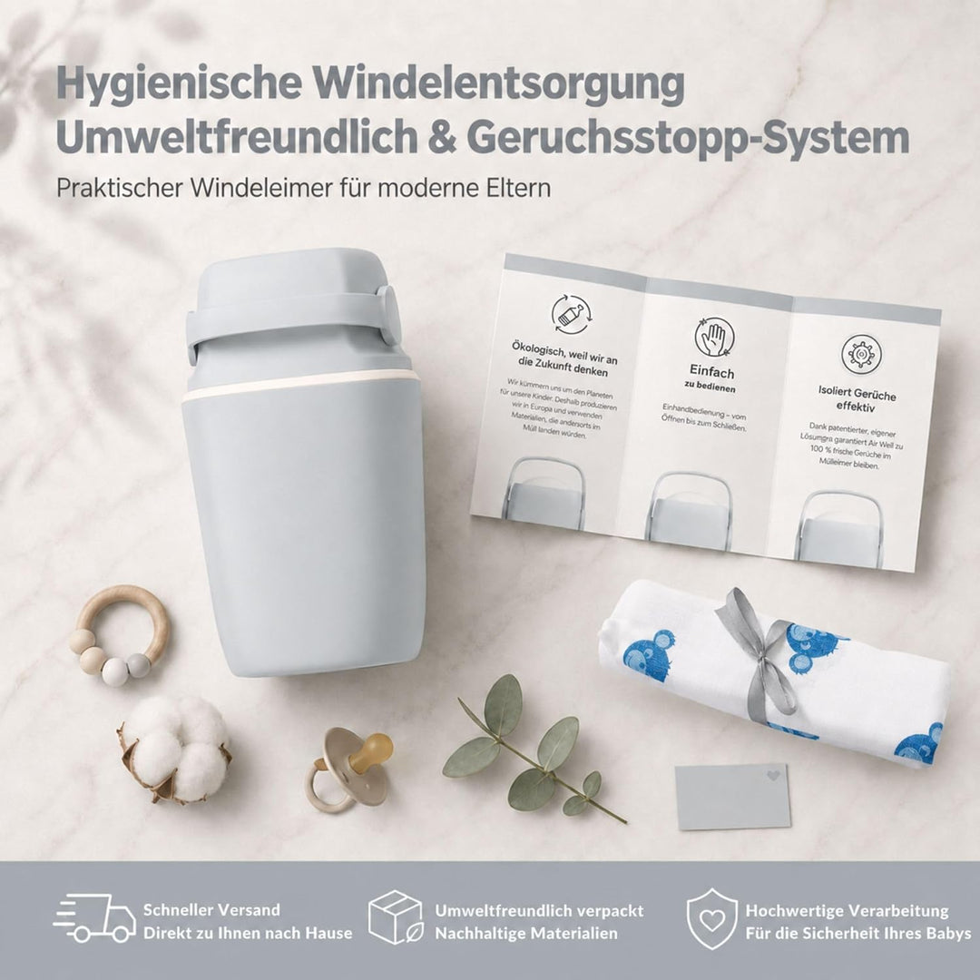 AirWell Windeleimer Geruchsdicht & Windel Blaubaer - Wickeleimer, mit Geruchsstopp-System, Einhändig
