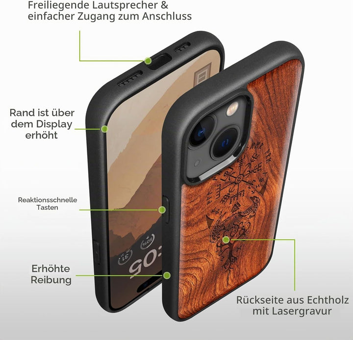 Carveit Holz Cover für iPhone 15 hülle, Kompatibel mit Magsafe Silikon Stossfeste Cover, Magnetisch