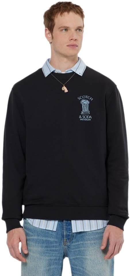 Scotch & Soda Herren Left Chest Artwork Crewneck Sweatshirt S Schwarz, S Schwarz
