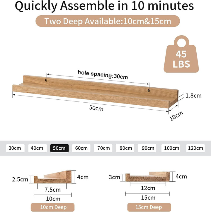 Bilderleiste Holz,2er-Set 50cm Eiche Wandregal Holz Regal Massiv Schweberegal gewürzregal regalbrett
