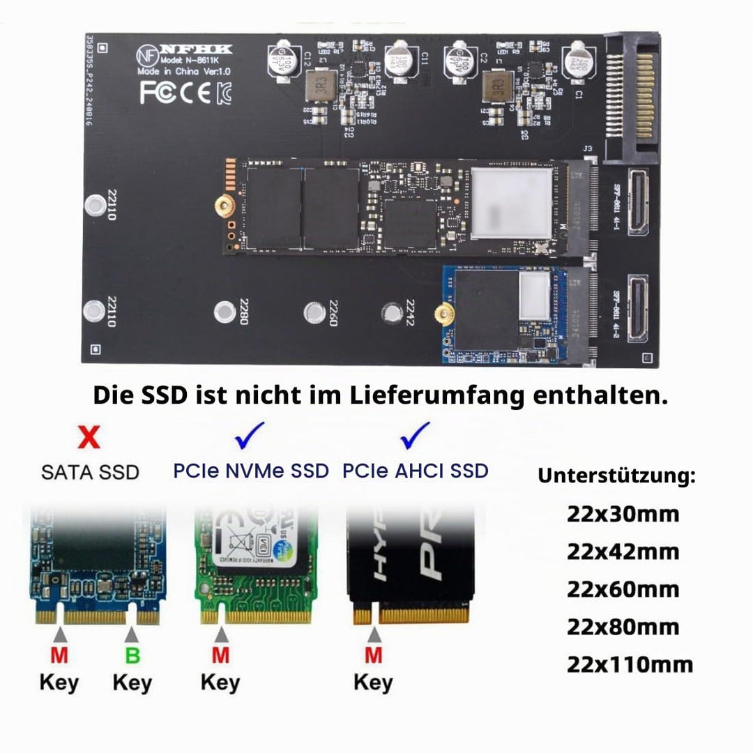 chenyang M.2 zu Oculink Adapter, PCIe NVME/AHCI SSD 2 zu 2 SFF-8611/8612 Adapter unterstützt 2230/22