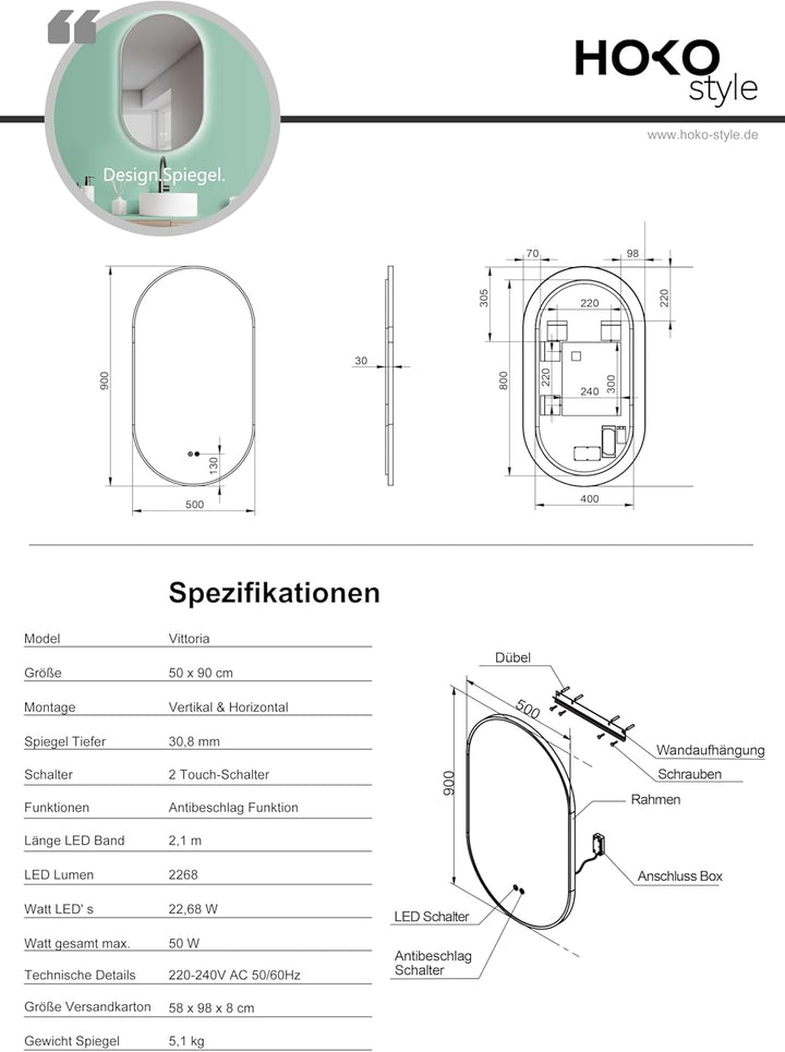 HOKO Design Antibeschlag Badspiegel LED beleuchtet,oval 50x90 cm / 90x50 cm Vittoria mit Metall Rahm