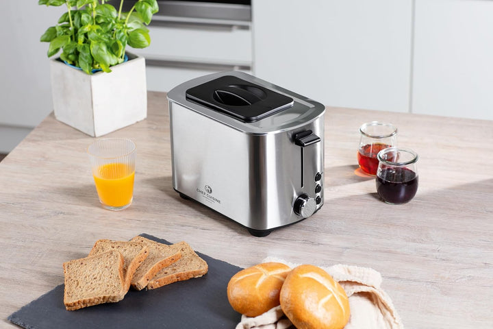 CHEF CUISINE Design-Edelstahltoaster 850W, 2 Scheiben, 5 Bräunungsstufen, Auftau- & Aufwärmfunktion,