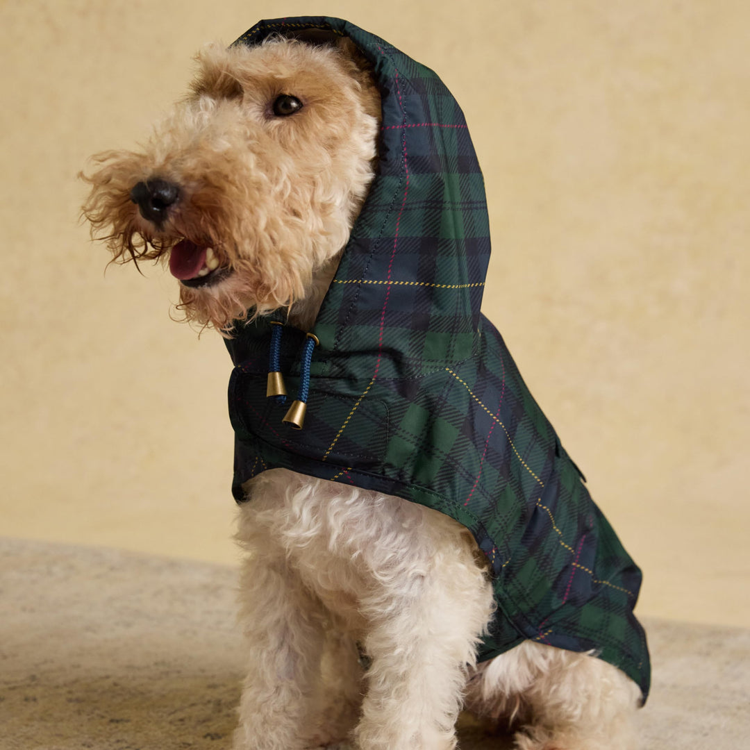 Rosewood x Joules Blackwatch Check Packaway Hundejacke, Grösse M, leicht, wasserabweisend, mit Kapuz