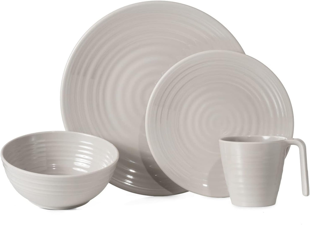 Melamin Camping Geschirr Set 4 Personen Coffee Design 16 Teilig + 16 Milano Gläser Wassergläser Wein