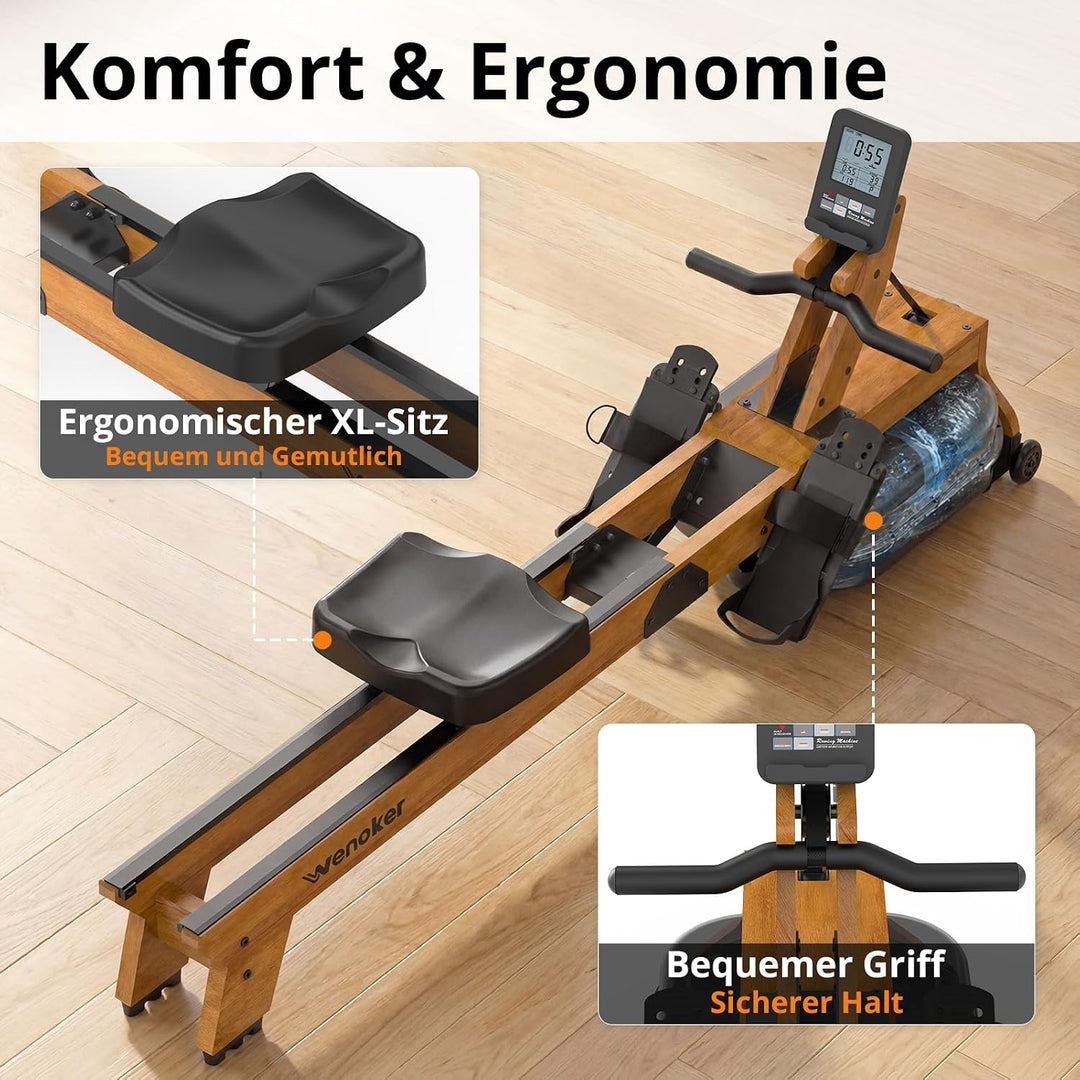Wenoker Wasser-Rudergerät für Zuhause, klappbar – 160 kg, leise | APP &amp; Bluetooth, LCD, Tablet-Halte