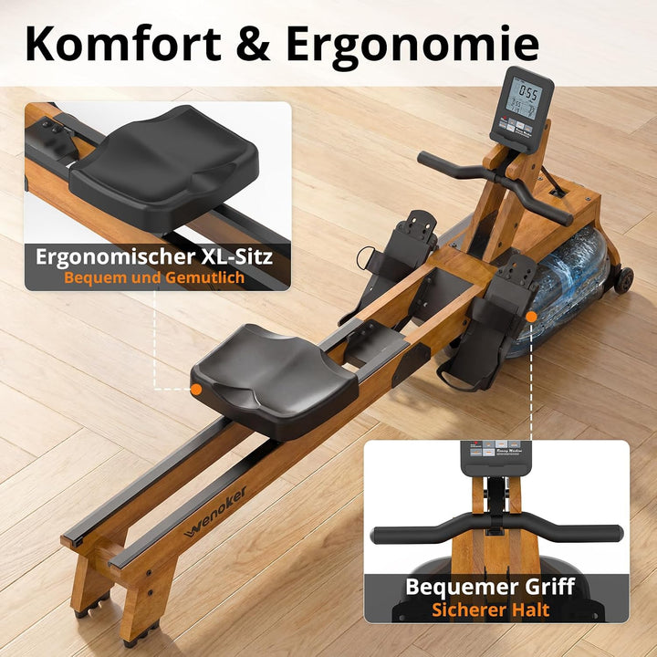 Wenoker Wasser-Rudergerät für Zuhause, klappbar – 160 kg, leise | APP &amp; Bluetooth, LCD, Tablet-Halte