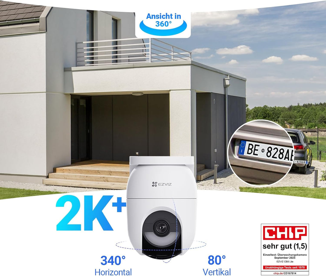 EZVIZ CB8 4MP Solar/Akku Überwachungskamera Aussen, 360° PTZ Kabellose WLAN-Aussenkamera, Farbnachts