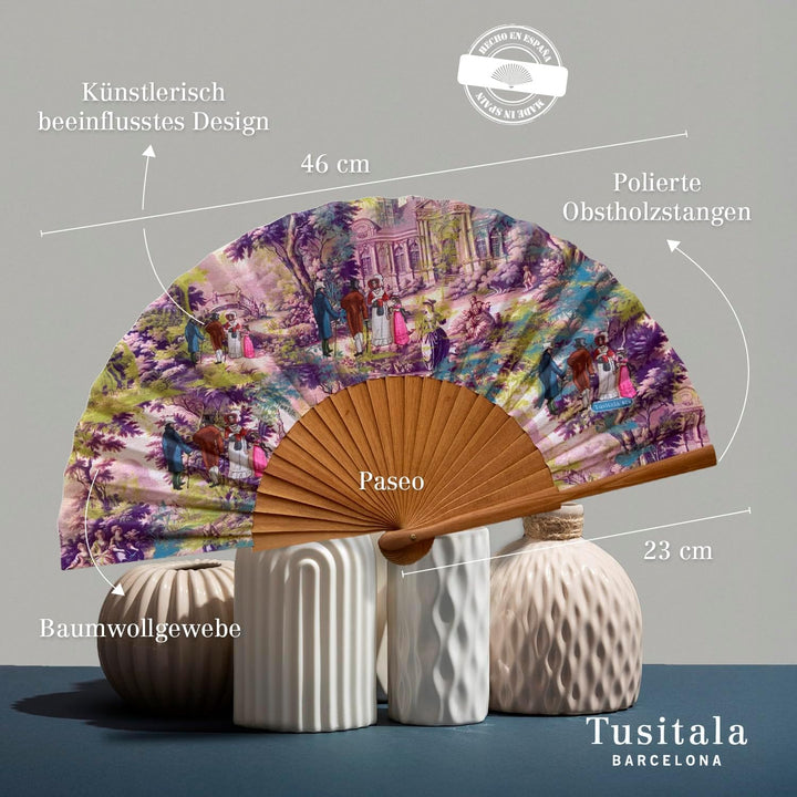Spanischer Handfächer Paseo – Holz und Baumwolle – 23 cm – Etui und Bezug aus Jute – Modeaccessoire