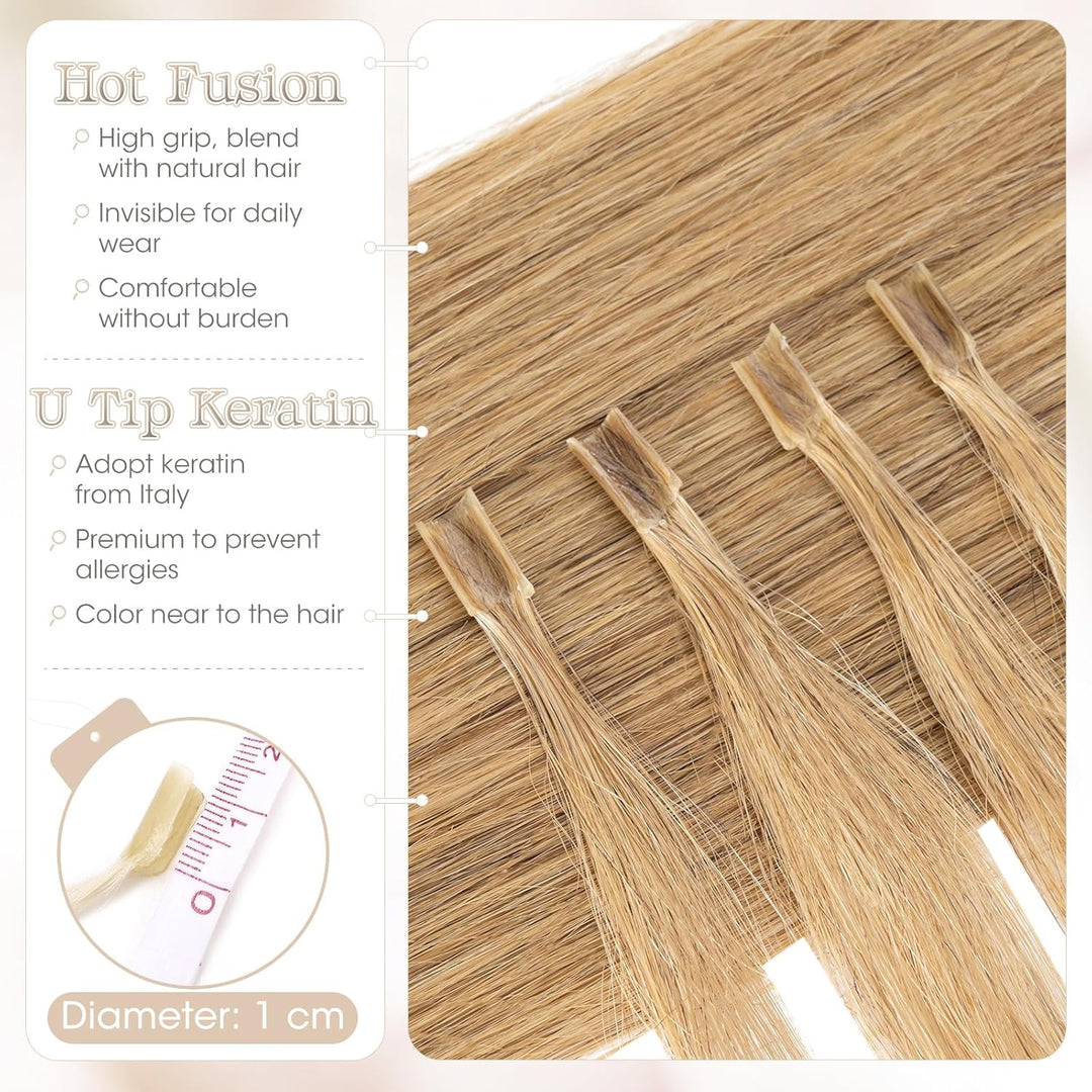 Elailite Echthaar Bonding Extensions 40g Haarverlängerung Keratin U Tip 1g/pcs 35cm 50 Stück #27 Hon