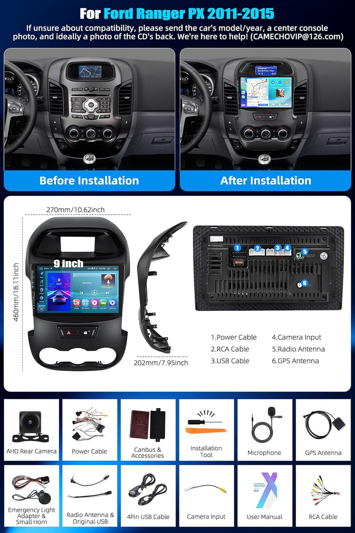 CAMECHO 2G+64G Android 15 Autoradio für Ford Ranger PX mit Navi Carplay Android Auto, 9-Zoll Bildsch