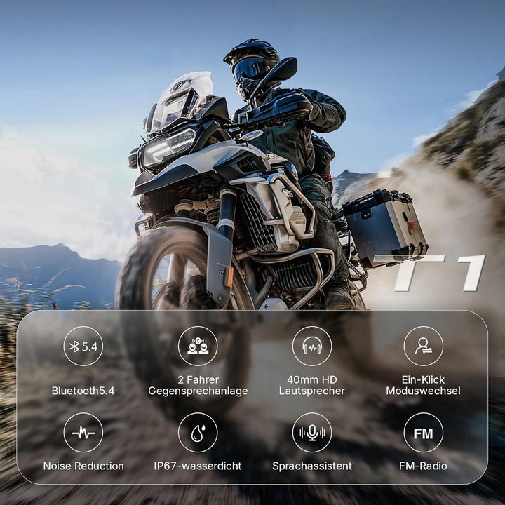 Fodsports T1 Motorrad Headset mit Musik Teilen, FM-Radio, Headset Motorradhelm für bis zu 2 Motorräd