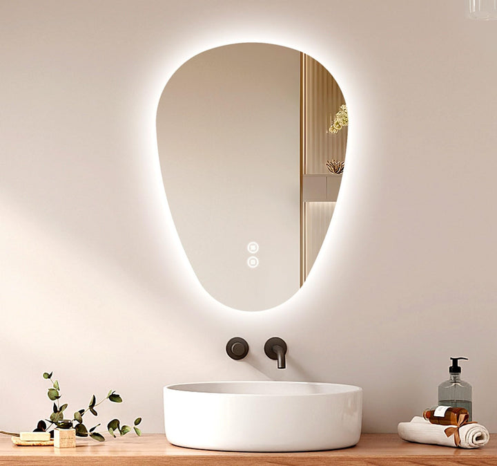 EMKE Asymmetrischer Spiegel LED Badspiegel mit Beleuchtung 70 x 50 cm Touch-Schalter, 3 Lichtfarben