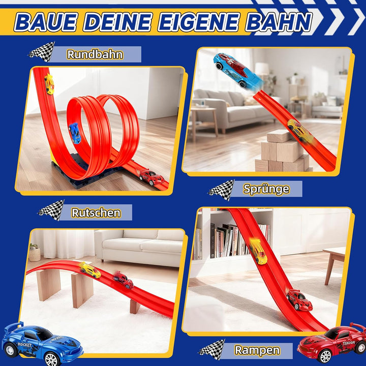 Flexible Rennbahn Kinder 5M, Autorennbahn für Kinder mit 4 Autos, Aufbewahrungstasche, Katapult, Ren