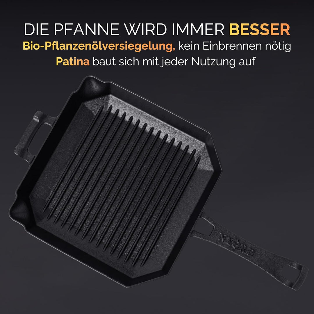 NYORD Gusseisenpfanne mit Grillrillen [TESTSIEGER] | Cast Iron BBQ Grillpfanne | Steakpfanne aus Gus