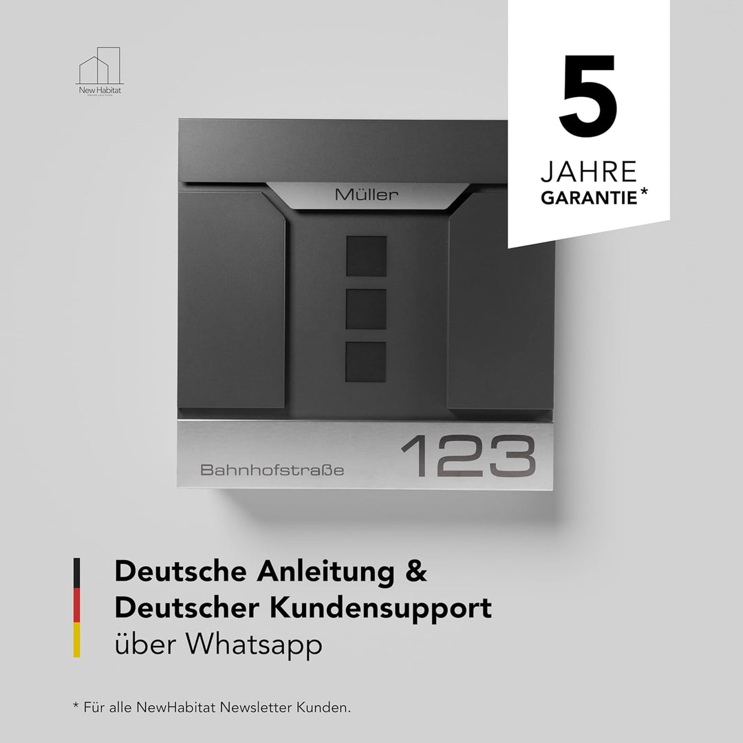 Moderner Briefkasten Personalisierbar Madrid Anthrazit RAL7016 - mit Zeitungsfach - Wandbriefkasten