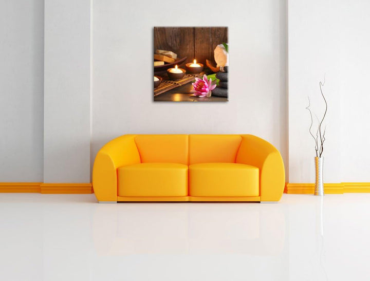 Pixxprint Kerzen mit Zen Steinen und Seerose, Format: 70x70 auf Leinwand, 70x70