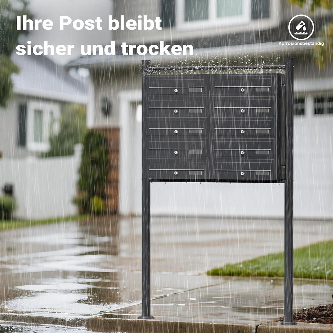 Wiltec 10er Briefkastenanlage Anthrazit 898 x 270 x 1500 mm, Standbriefkasten mit 2x5 Fächern, Schlü