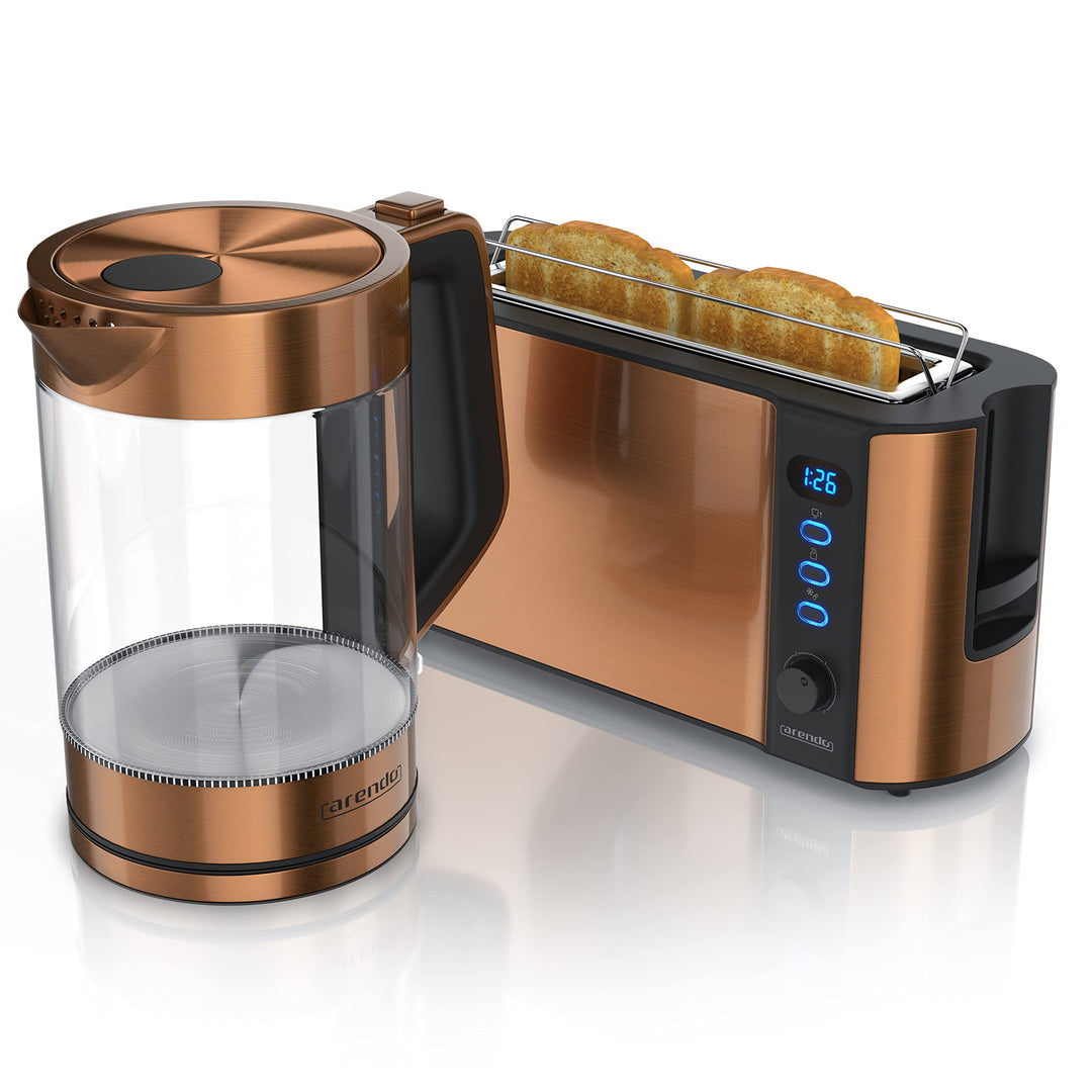 Arendo - Wasserkocher und Toaster im SET Edelstahl Kupfer, Wasserkocher 1,7L 2200W Warmhaltefunktion